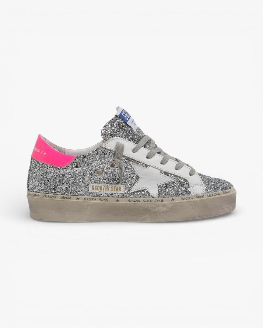 Golden Goose Hi-Star Sneakers Silver Glitter Fuchsia Heel Tab