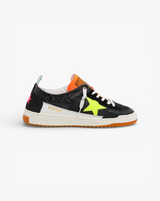 Golden Goose Yeah Black Leather Sneakers with Fluorescent Star
