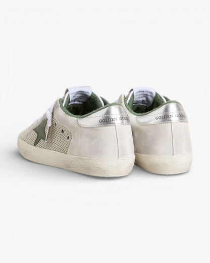 Golden Goose Women’s Super-Star LTD White Suede Mesh Green Leather Star Silver Foiled Heel