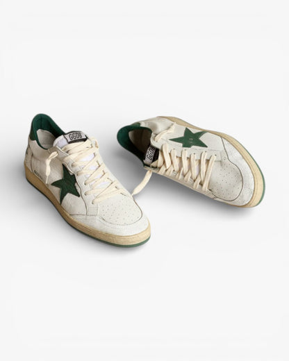 Golden Goose Ball Star White Leather Sneakers with Green Star