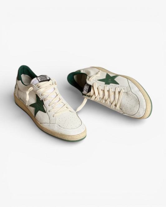 Golden Goose Ball Star White Leather Sneakers with Green Star