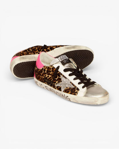 Golden Goose Super-Star Leopard Sneakers with Silver Glitter Star