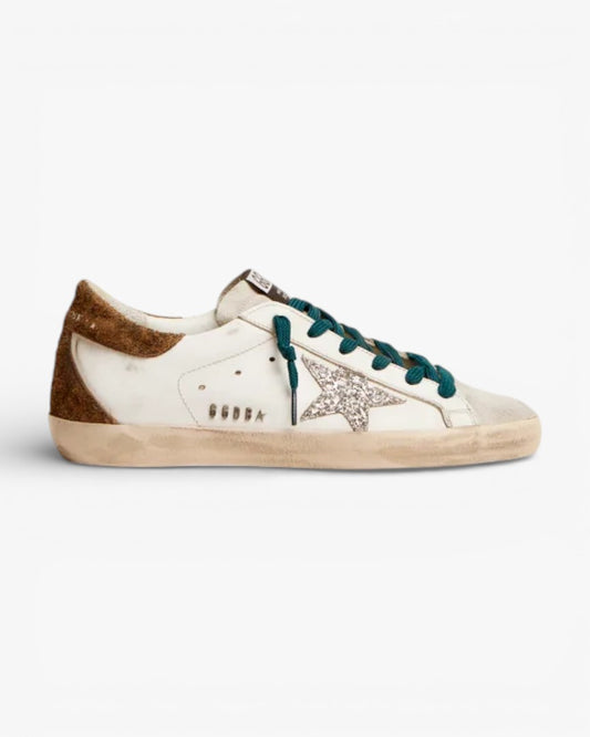 Golden Goose Super‑Star Sneakers Silver Glitter Star Leopard Suede Heel