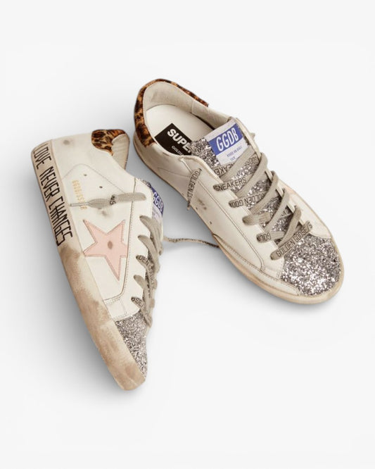 Golden Goose Super-Star Sneakers with Silver Glitter Tongue