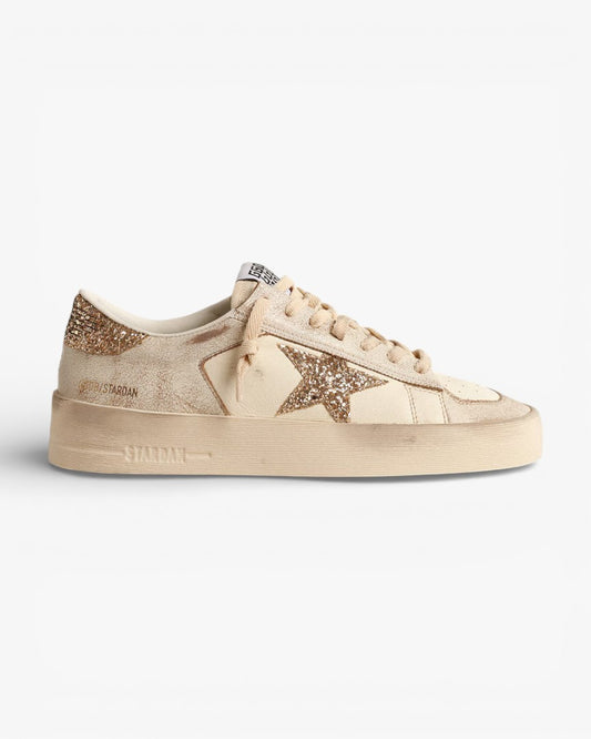 Golden Goose Stardan Ecru Nappa Leather Sneakers Gold Glitter Star
