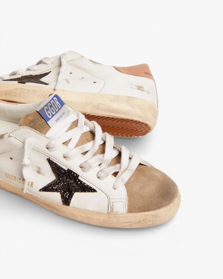 Golden Goose Super-Star Sneakers with Black Glitter Star and Old-Rose Heel Tab