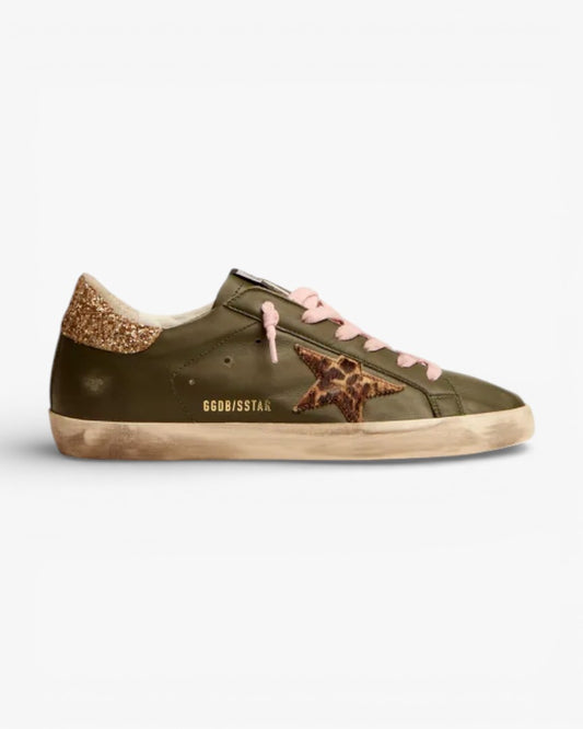 Golden Goose Super‑Star Sneakers Dark Green Leather Gold Glitter Heel