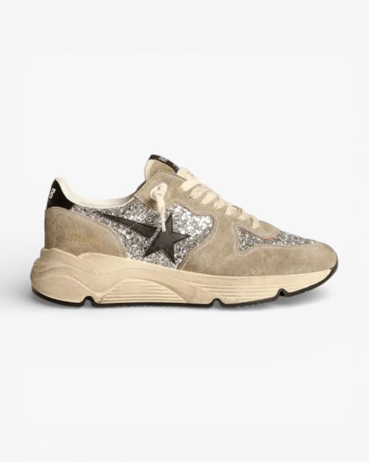 Golden Goose Running Sole Sneakers Silver Glitter Dove-Gray Suede Black Leather Star