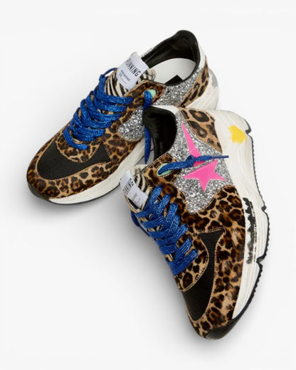 Golden Goose Running Sole Sneakers Leopard-Print Pony Skin Glitter Inserts