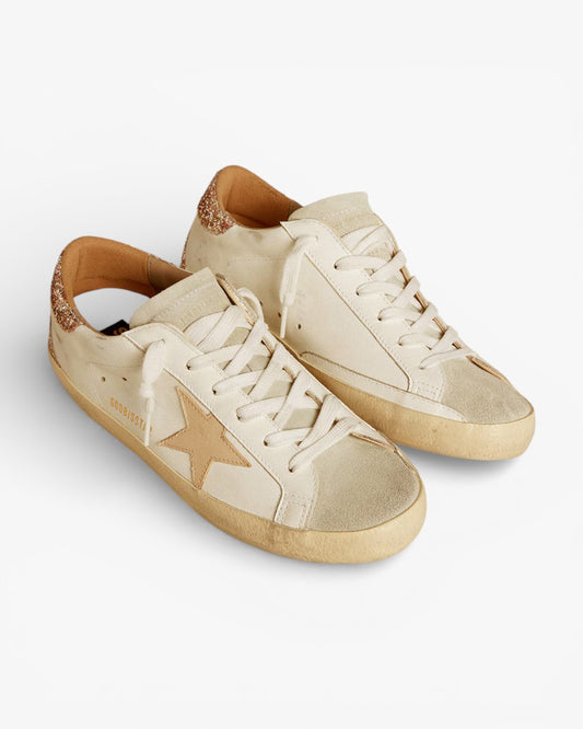 Golden Goose Women’s Super-Star Nude Leather Star Gold Glitter Heel Tab