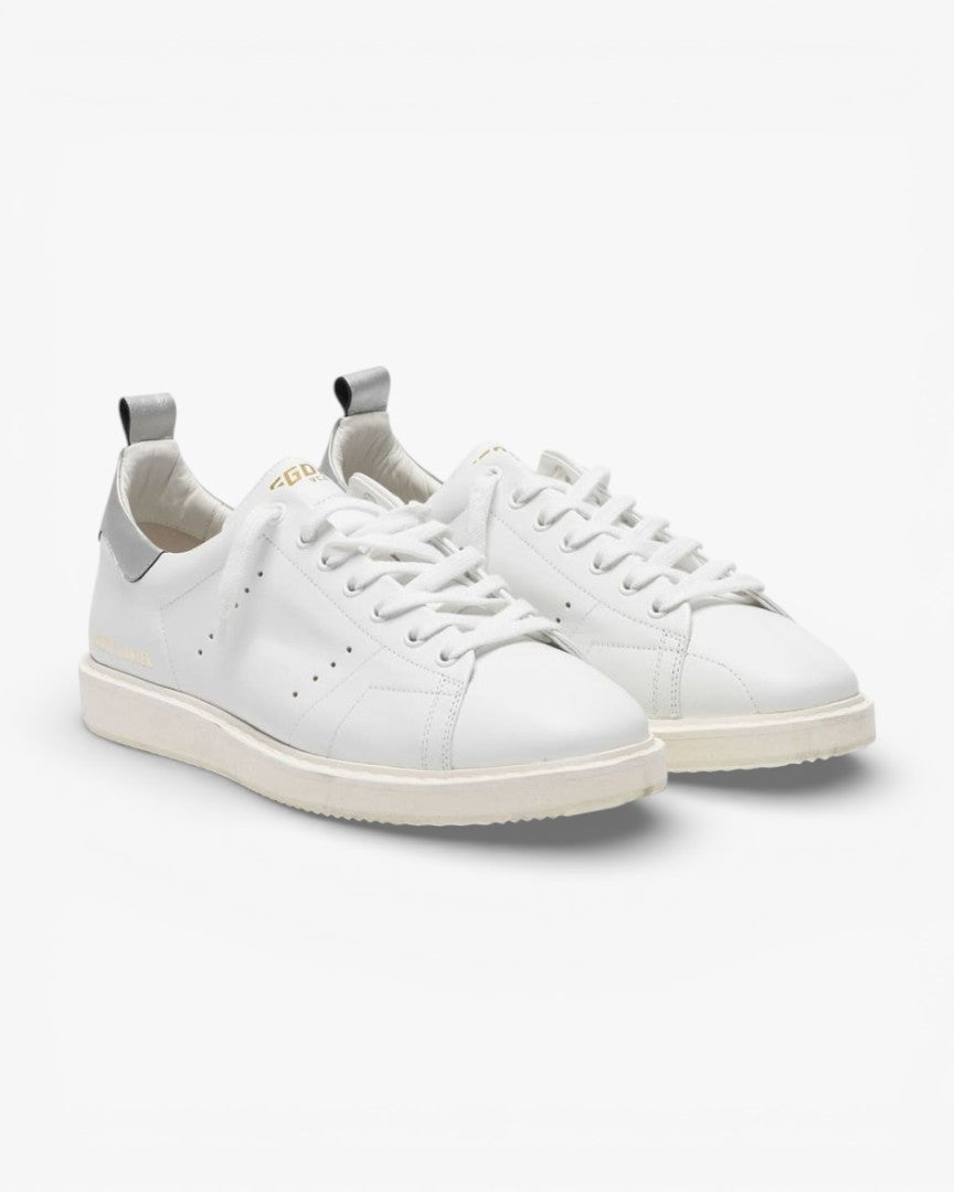 Golden Goose White Leather Stardan Sneakers with Metallic Silver Heel Tab