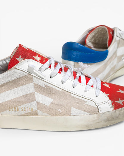 Golden Goose Super Star Canvas Sneakers Printed Leather Star Natural Canvas Flag