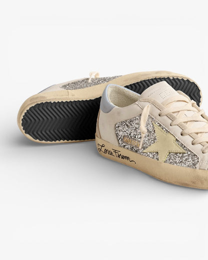 Golden Goose Bio‑based Super‑Star Sneakers Silver Glitter Yellow Star