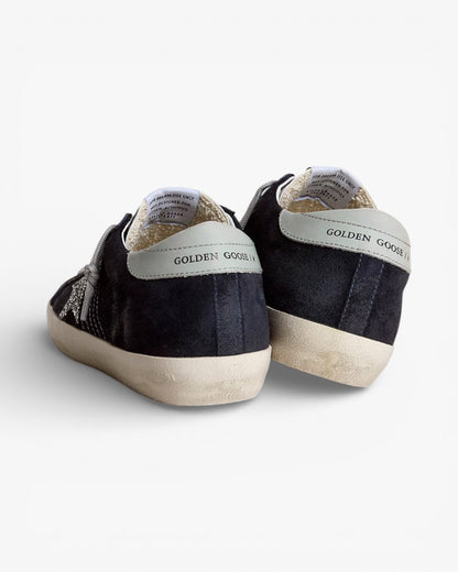 Golden Goose Women’s Super-Star Blue Suede Silver Glitter Star Leather Heel Tab