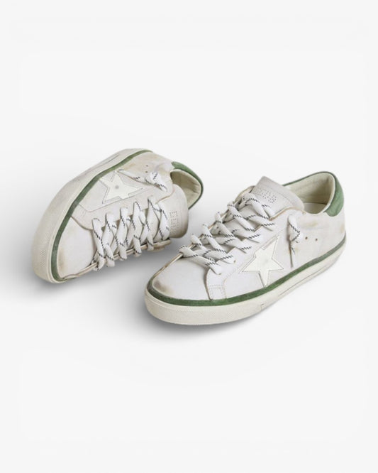 Golden Goose Women’s Super-Star LTD White Leather Star Green Suede Heel Tab