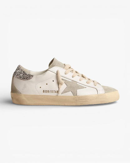 Golden Goose Women’s Super-Star Gray Star Silver Glitter Heel Tab