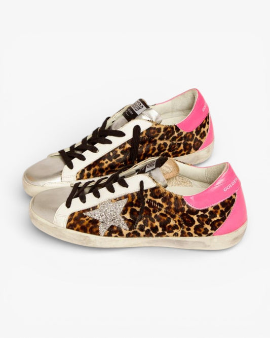 Golden Goose Super-Star Leopard Sneakers with Silver Glitter Star