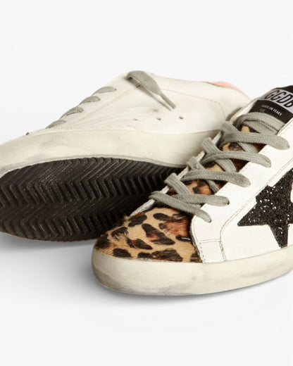 Golden Goose Super‑Star Sneakers Leopard Print Glittery Star Orange Heel
