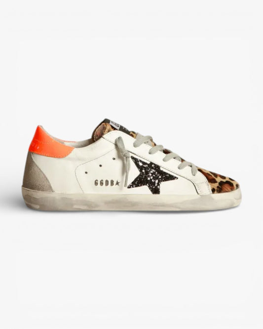 Golden Goose Super‑Star Sneakers Leopard Print Glittery Star Orange Heel