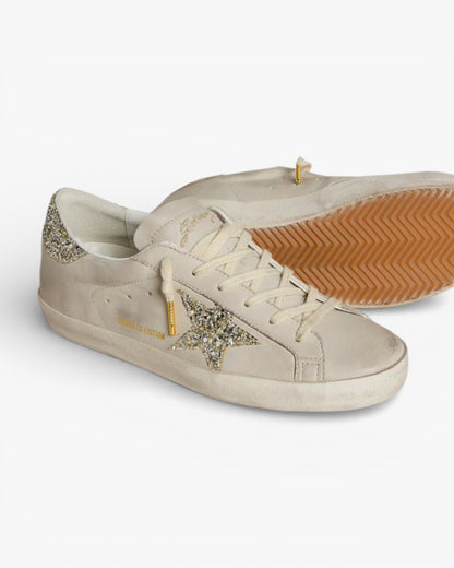 Golden Goose Women’s Super-Star LTD Ivory Nappa Leather Platinum Glitter Star Heel Tab