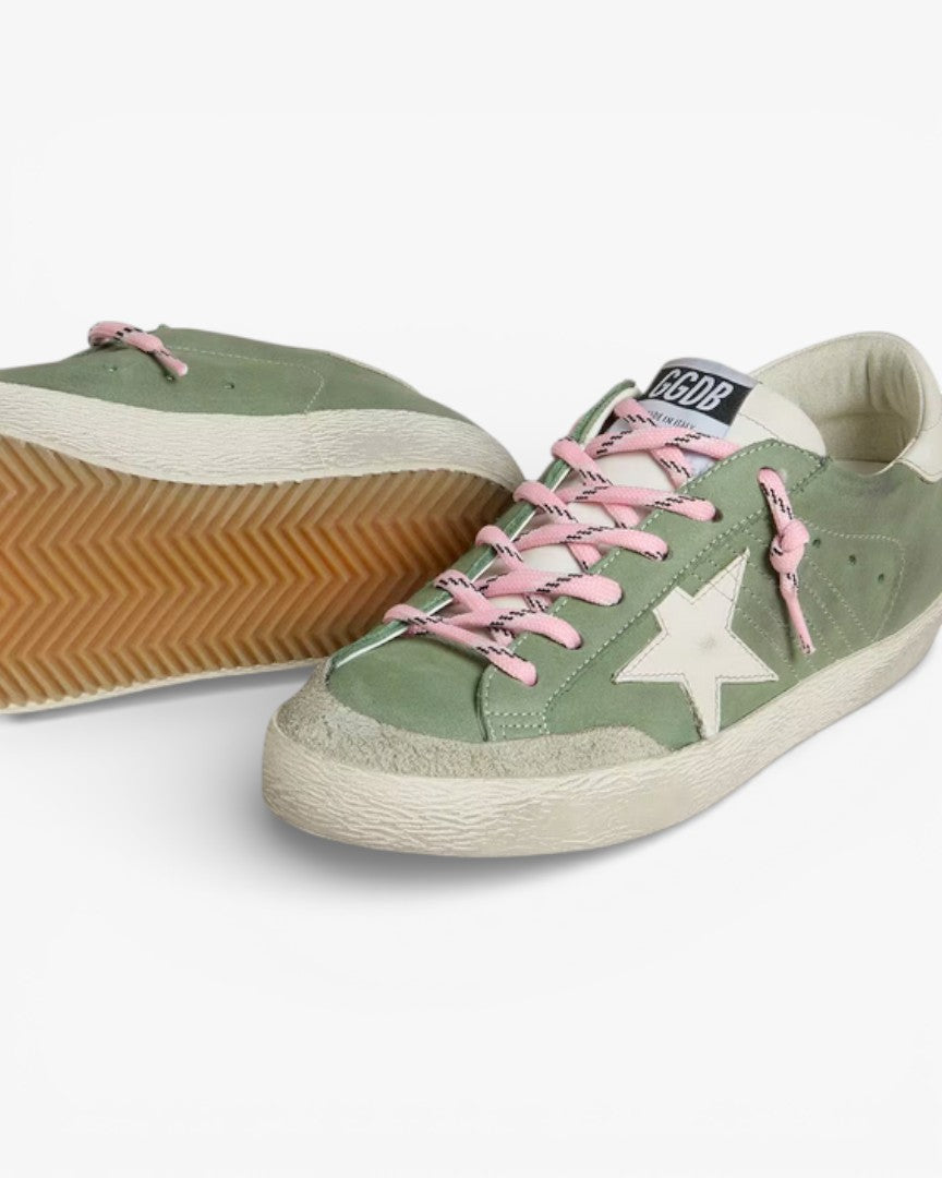 Golden Goose Women’s Super-Star LTD Green Nubuck White Leather Star Heel Tab