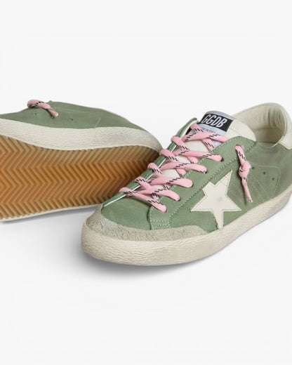 Golden Goose Women’s Super-Star LTD Green Nubuck White Leather Star Heel Tab