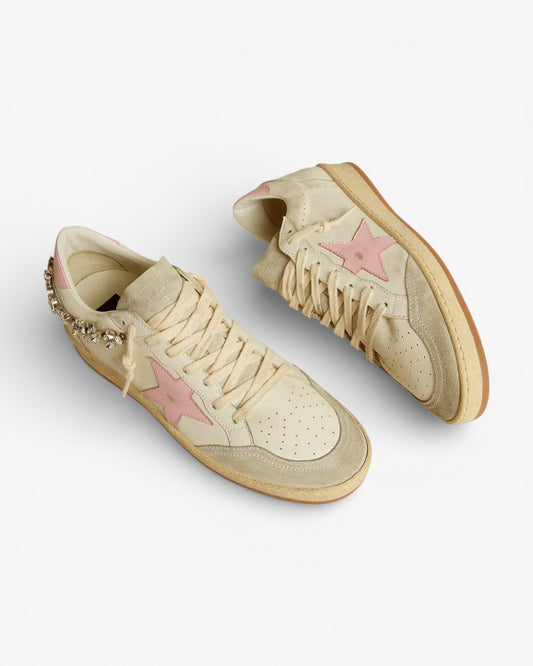 Golden Goose Superstar Cream Leather Sneakers with Pink Star and Crystal Heel Tab