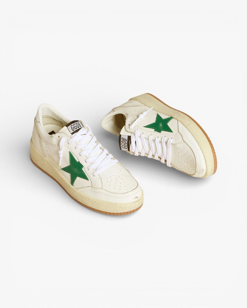 Golden Goose Ball Star White Leather Sneakers with Green Star