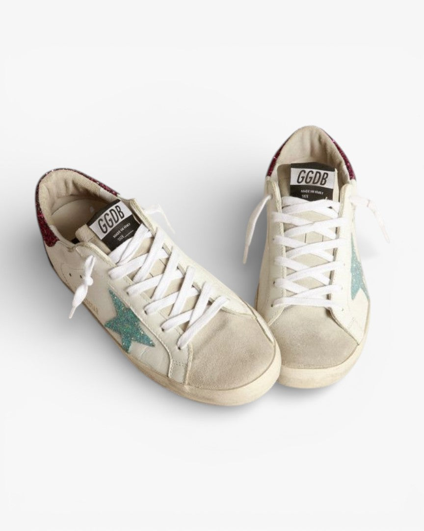 Golden Goose Super‑Star Sneakers Light Blue Glitter Star Purple Glitter Heel