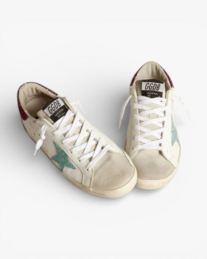 Golden Goose Super‑Star Sneakers Light Blue Glitter Star Purple Glitter Heel