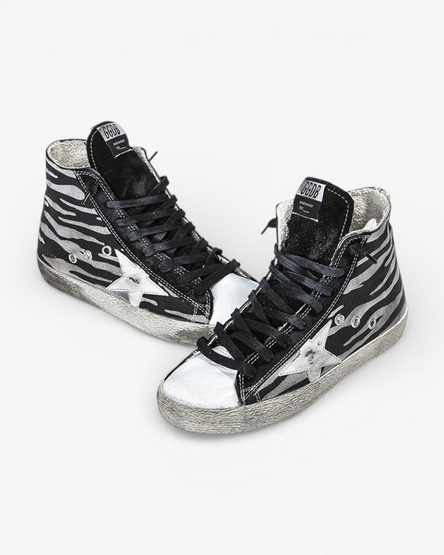Golden Goose FRANCY Sneakers Cotton Canvas Leather Star Black Zebra