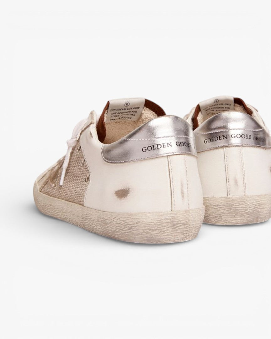 Golden Goose Super-Star Sneakers in White Leather and Pale Silver Mesh