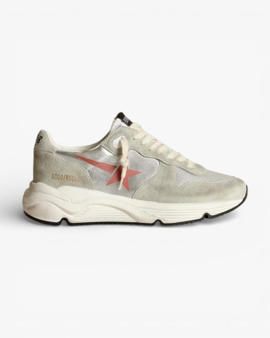 Golden Goose Running Sole Sneakers Silver Laminated Leather Ice-Gray Suede Inserts