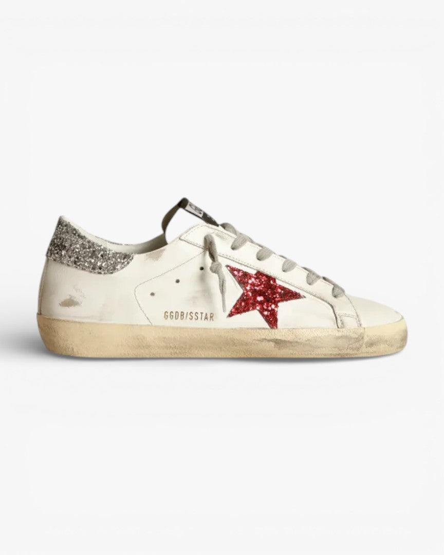 Golden Goose Super‑Star Sneakers White Leather Red Glitter Star