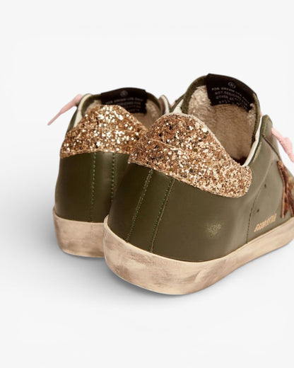 Golden Goose Super‑Star Sneakers Dark Green Leather Gold Glitter Heel