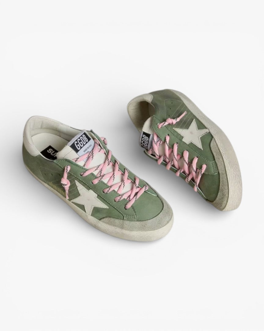 Golden Goose Women’s Super-Star LTD Green Nubuck White Leather Star Heel Tab