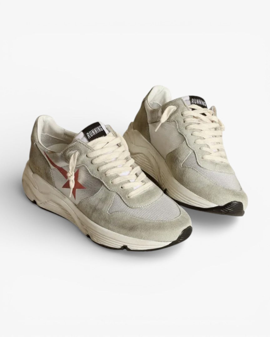 Golden Goose Running Sole Sneakers Silver Laminated Leather Ice-Gray Suede Inserts