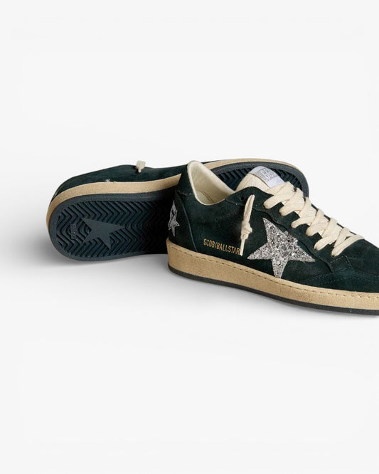 Golden Goose Ball Star Green Suede Sneakers with Silver Glitter Star