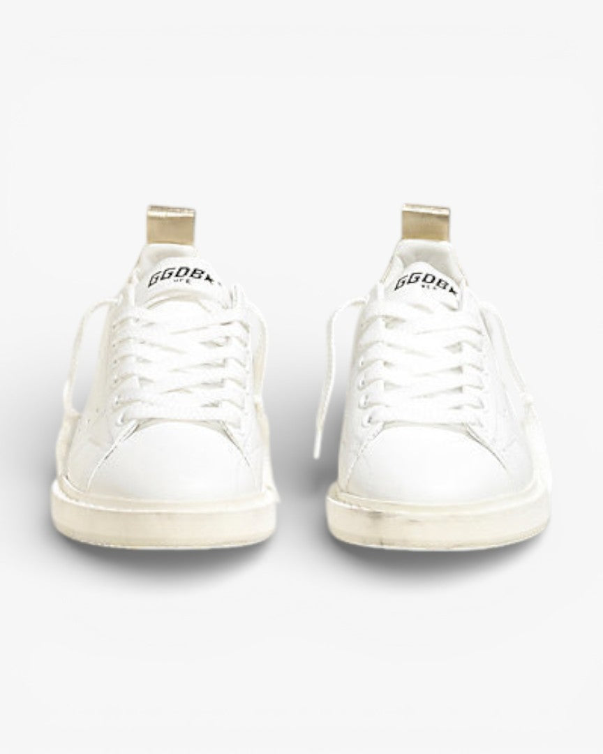Golden Goose White Calf Leather Starter Sneakers with Gold Accents