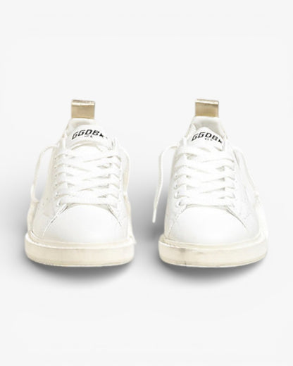 Golden Goose White Calf Leather Starter Sneakers with Gold Accents