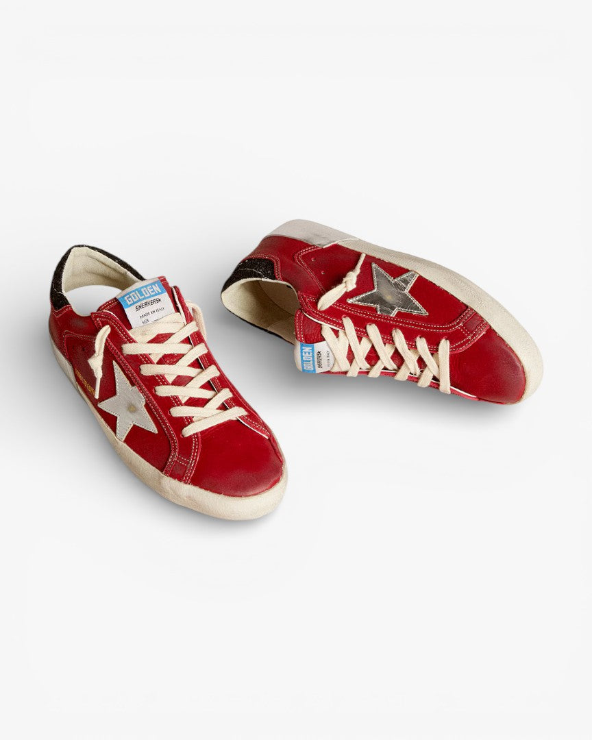 Golden Goose Women’s Super-Star LTD Red Nubuck Leather Star Glitter Heel Tab