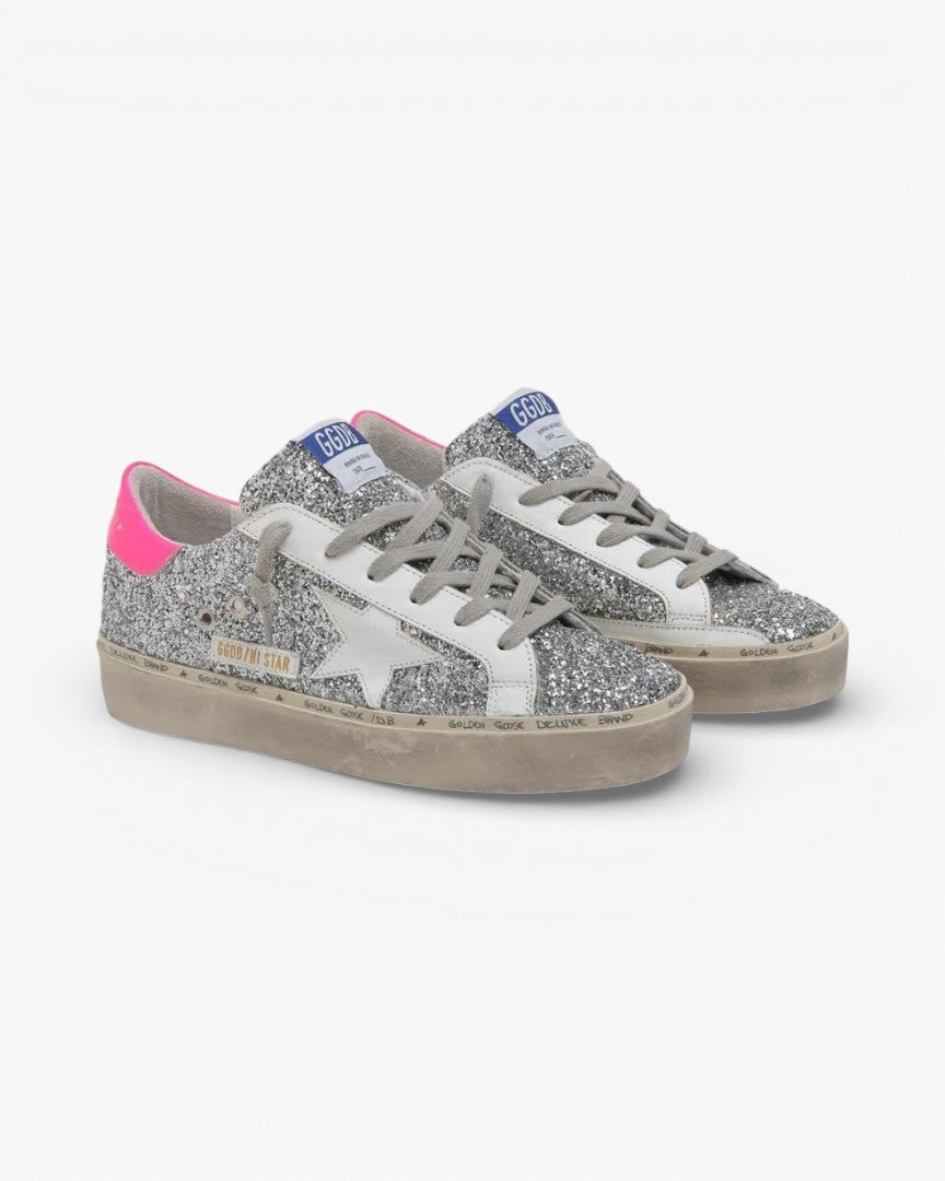 Golden Goose Hi-Star Sneakers Silver Glitter Fuchsia Heel Tab