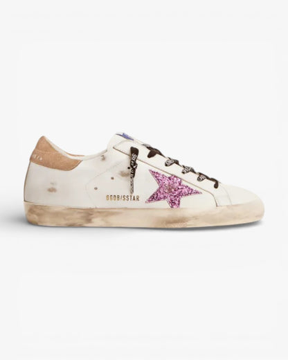 Golden Goose Super-Star White Sneakers with Lavender Glitter Star