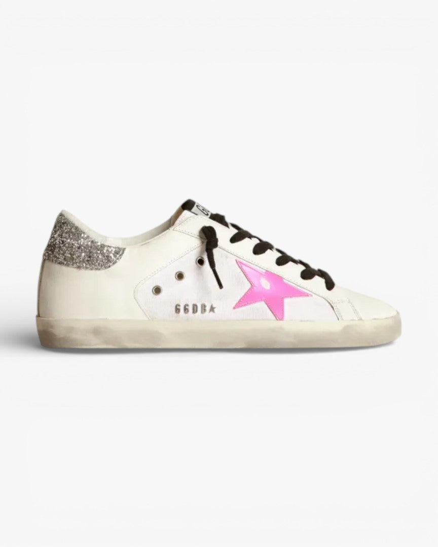 Golden Goose Super‑Star Sneakers White Leather Canvas Pink Star Silver Glitter Heel