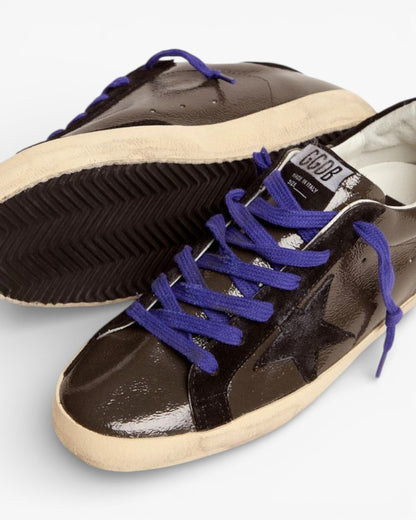 Golden Goose Super-Star Gray Patent Leather Sneakers with Black Suede Inserts