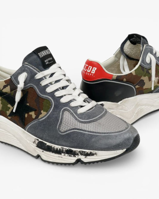 Golden Goose Camouflage Running Sole Sneakers Textured Nylon Red Heel Tab