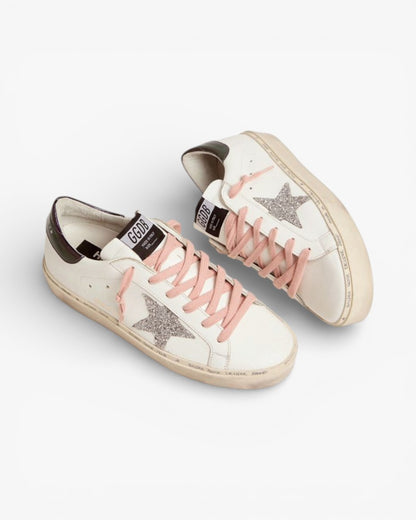 Golden Goose White Hi-Star Sneakers with Glittery Star and Pink Laces