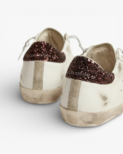 Golden Goose Super‑Star Sneakers Brown Glitter Heel Pink Crackled Star