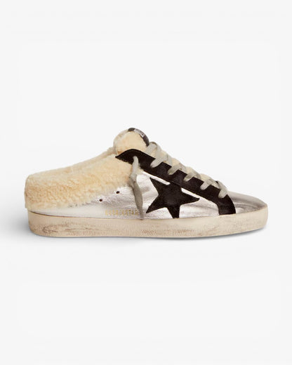 Golden Goose Women’s Super-Star Sabot Silver Laminated Leather Black Star