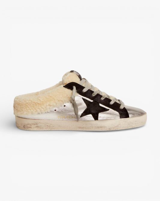 Golden Goose Women’s Super-Star Sabot Silver Laminated Leather Black Star